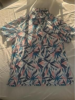 Izod Golf Performance Polo Shirt Mens size L Blue Pink Hawaiian Short sleeve